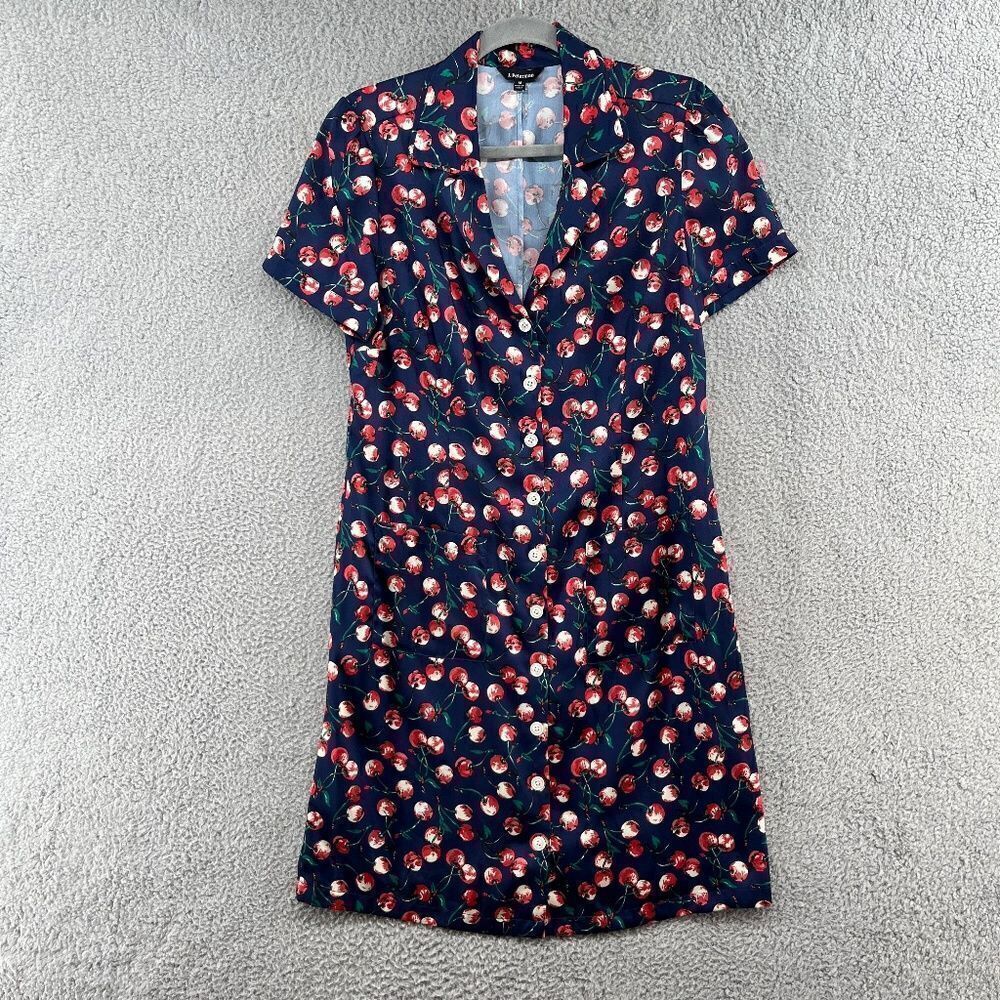 J. Peterman Dress Retro Cherry Print Button Front Collared Pockets NWOT Medium